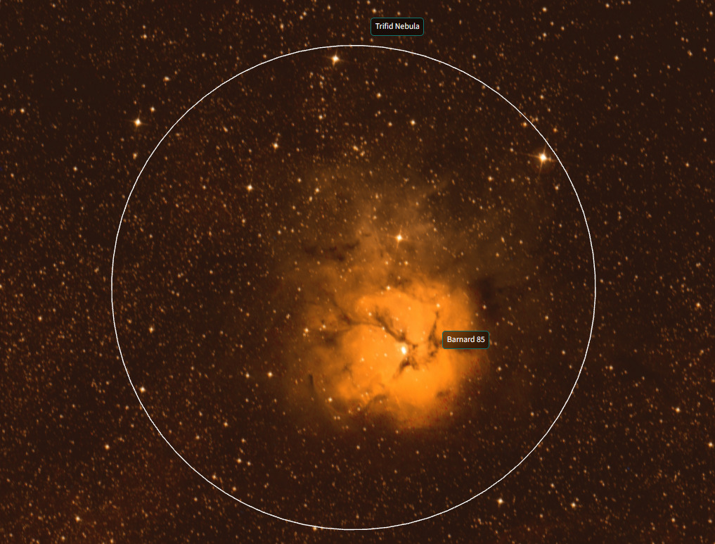 Imagem da Nebulosa de Trífida em detalhe do levantamento Digital Sky Survey. A imagem está em tons de amarelo e laranja, com a nebulosa destacada ao centro em tons bem claros. A nebulosa está envolta de um campo estelar denso, com muitas estrelas de fundo.