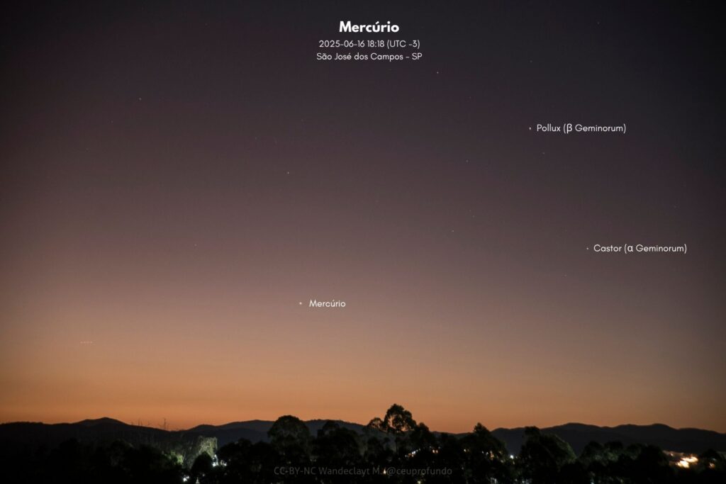 Fotografia do céu ao entardecer, feita no dia 16 de junho de 2025 às 18h18, da cidade de São José dos Campos, SP. O horizonte exibe tons alaranjados e azulados, típicos do pôr do sol, com árvores e morros escurecidos na parte inferior da imagem. Três objetos são identificados no céu, sendo eles: Mercúrio, visível como um ponto brilhante à esquerda, mais próximo do horizonte; Pollux (β Geminorum), mais acima à direita; Castor (α Geminorum), próximo de Pollux, mas abaixo.
No canto inferior da imagem está o crédito: CC-BY-NC Wandeclayt M. / @ceuprofundo